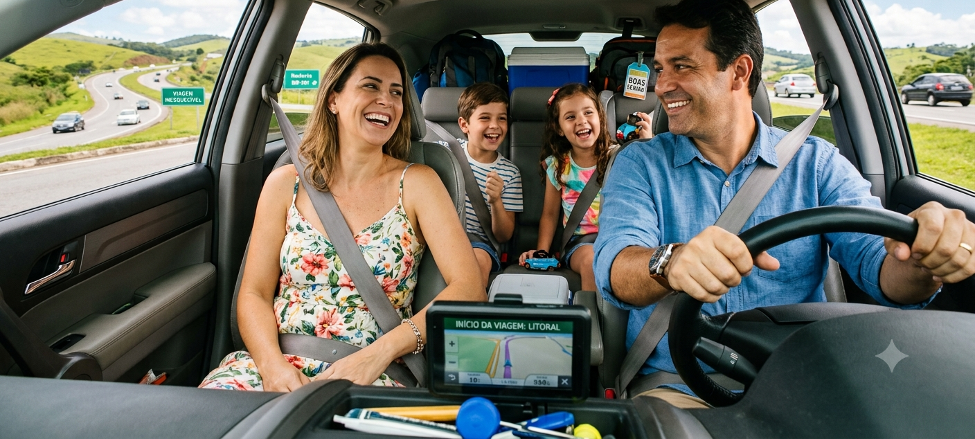 Família feliz em viagem de carro na estrada